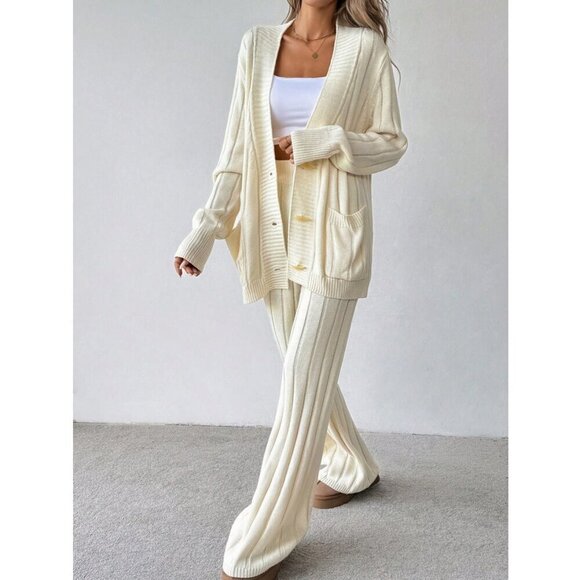 2pcs Women Sbutton down Long Sleeve Cardigan & Knitted Pants Set - Picture 5 of 6